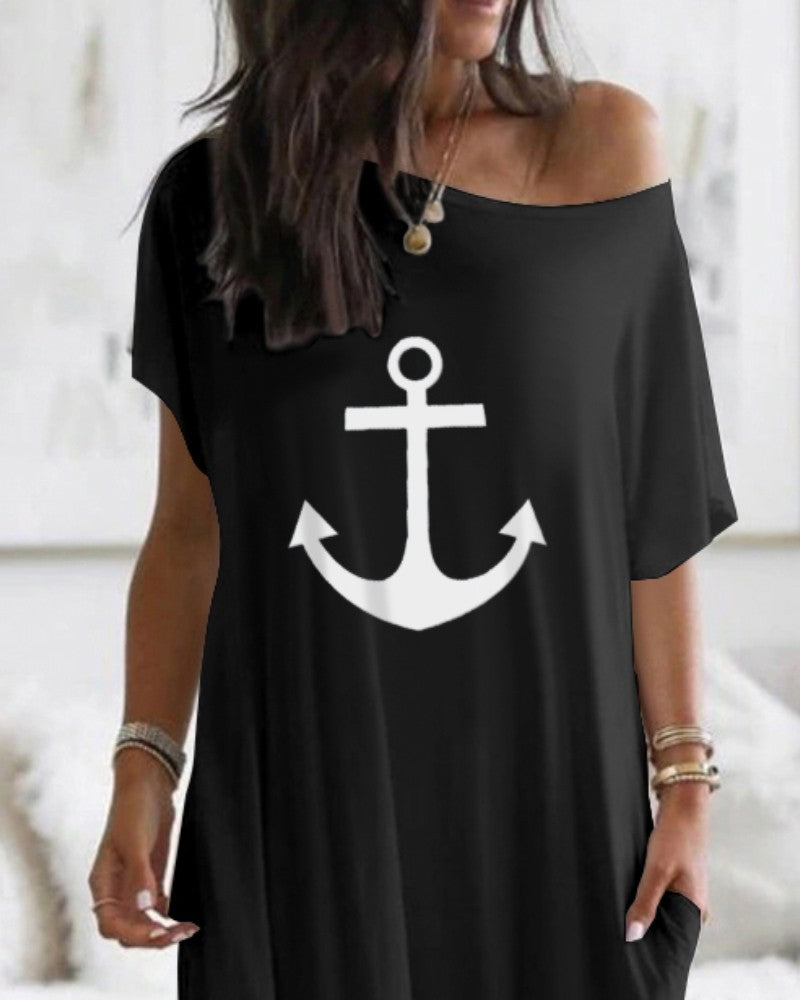 Anchor Print Cold Shoulder Short Sleeve Dress Casual Pocket Design Loose Fit Maxi Dress