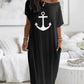 Anchor Print Cold Shoulder Short Sleeve Dress Casual Pocket Design Loose Fit Maxi Dress