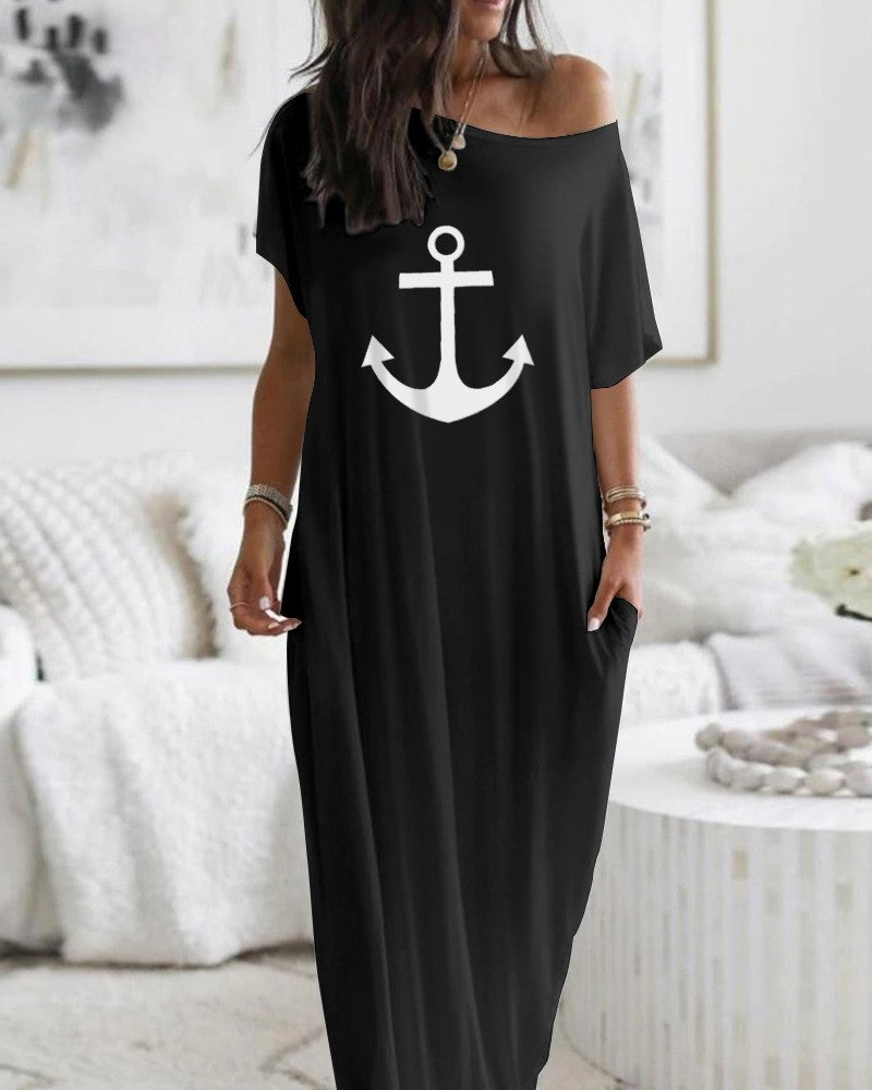 Anchor Print Cold Shoulder Short Sleeve Dress Casual Pocket Design Loose Fit Maxi Dress