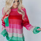 Rose Striped Knit Patch Pocket Drop Shoulder Sweater