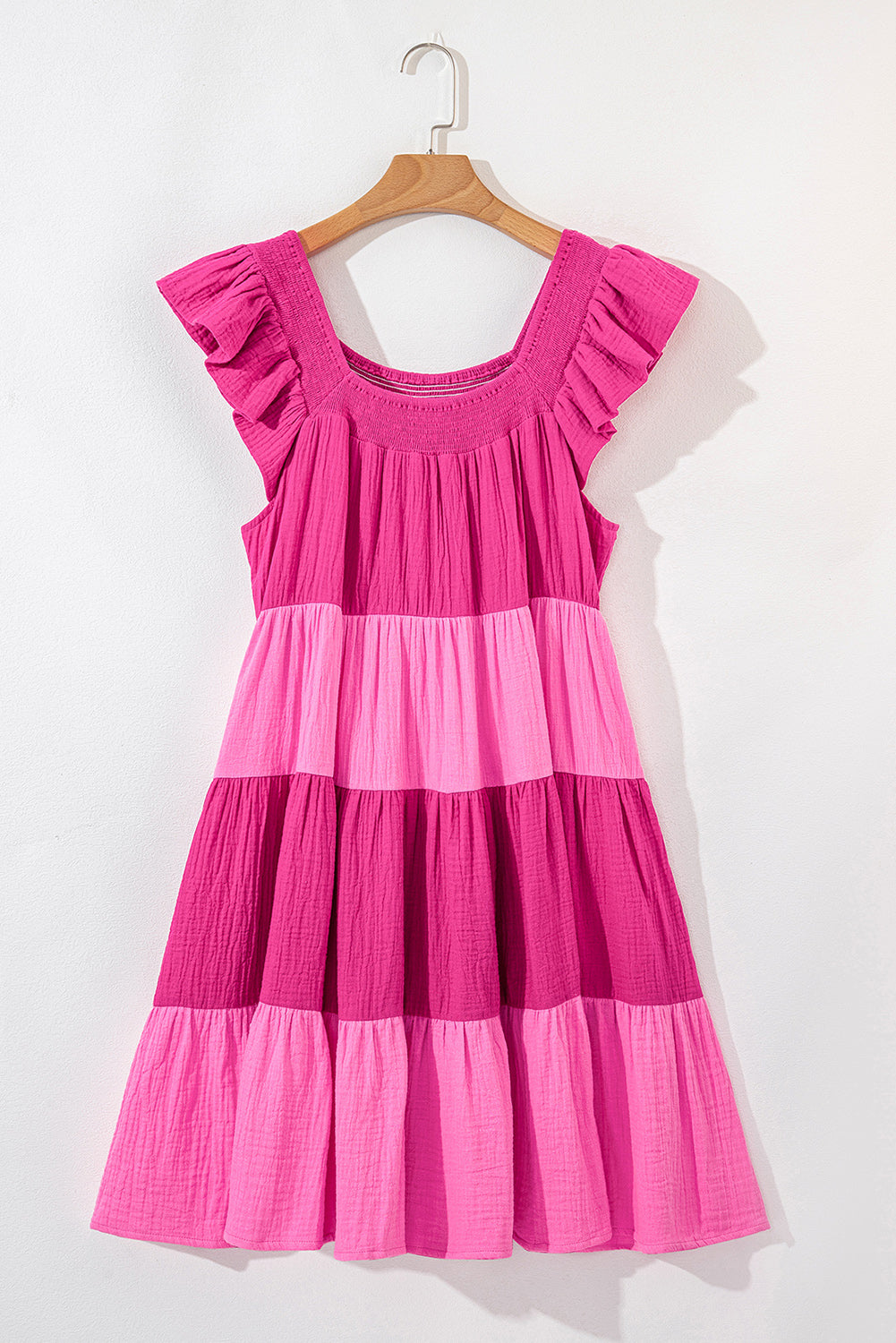 Pink Crinkled Colorblock Patchwork Flutter Tiered Mini Dress