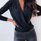 Solid Plunge Long Sleeve Ruched Casual Blouse