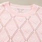 Gossamer Pink Openwork Plaid Puff Sleeve Cropped Sweater