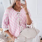 Light Pink Checkered Knitted Lace-up Ruffled 3/4 Sleeve Cardigan