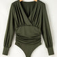 Moss Green Ruched Wrap V Neck Long Sleeve Bodysuit