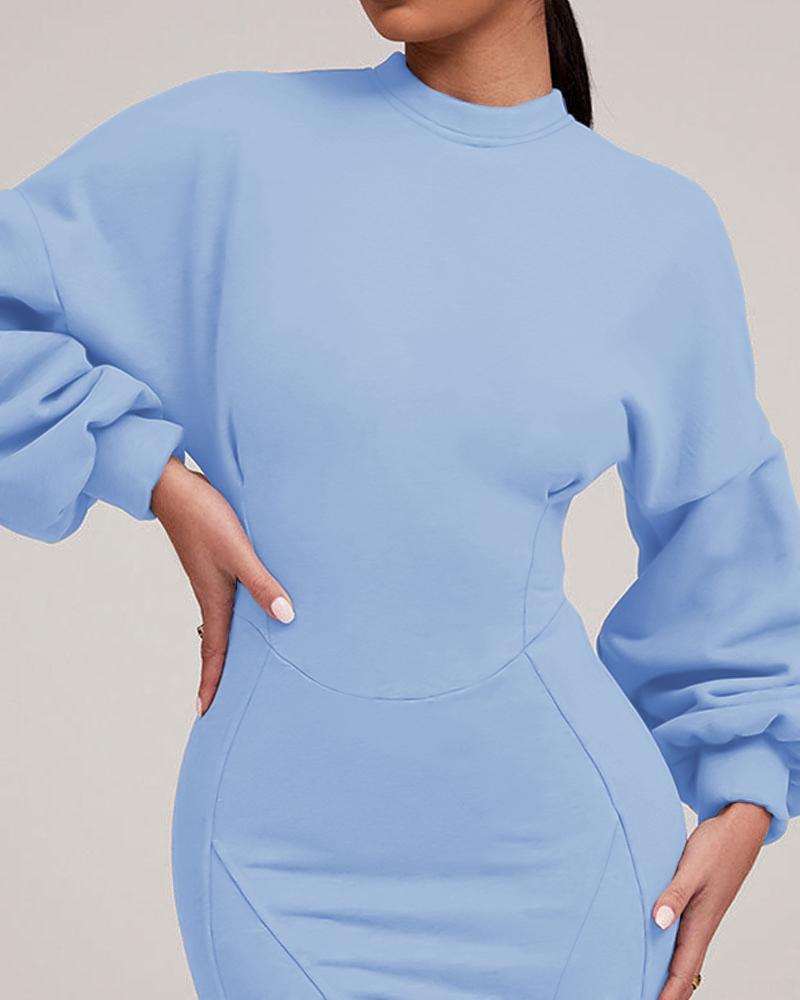 O neck Lantern Sleeve Mini Bodycon Sweatshirt Dress