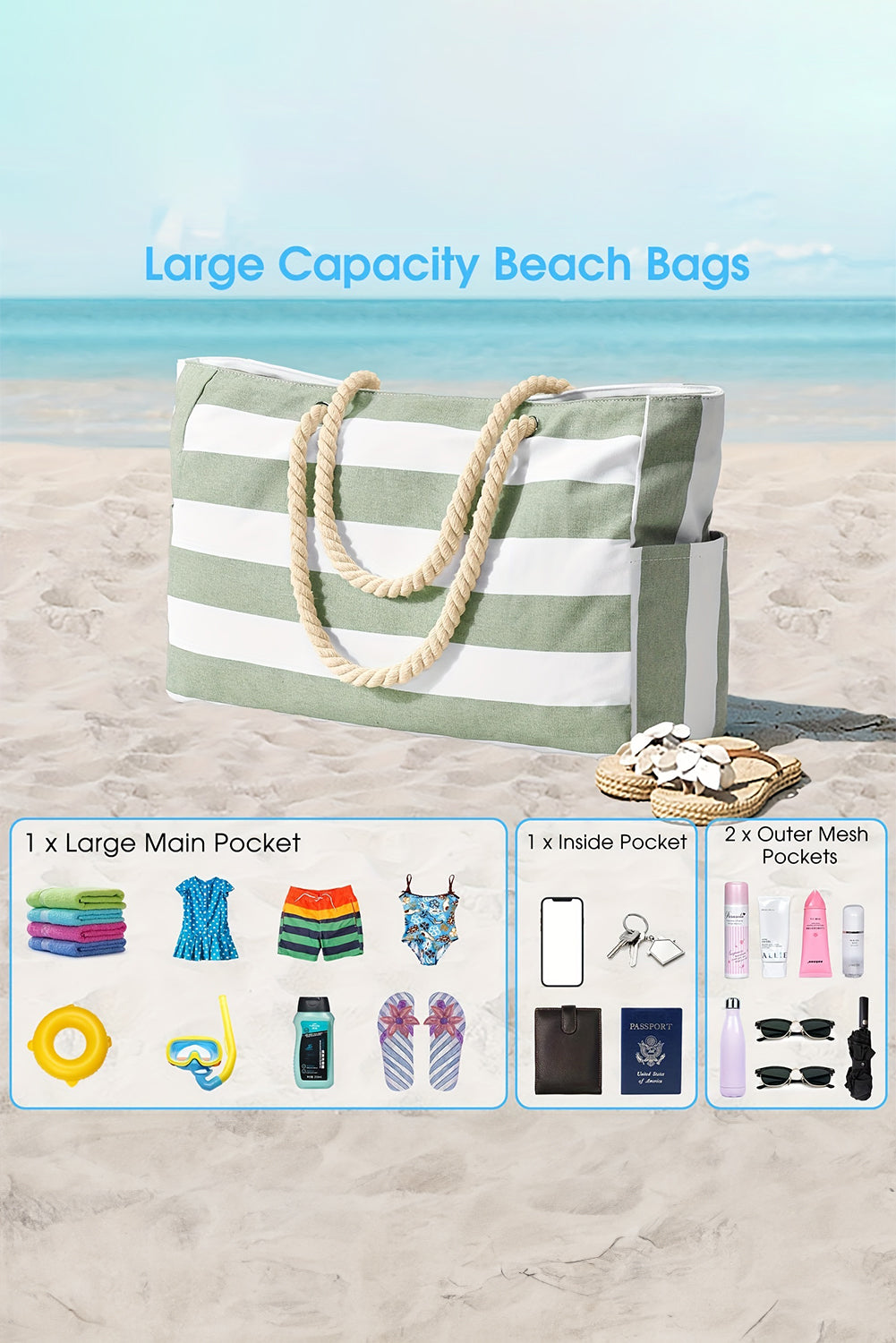 Smoke Green Striped Waterproof Canvas Large Capacity Tote Bag