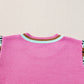 Bright Pink Contrast Printed Cap Sleeves Crewneck Sweater