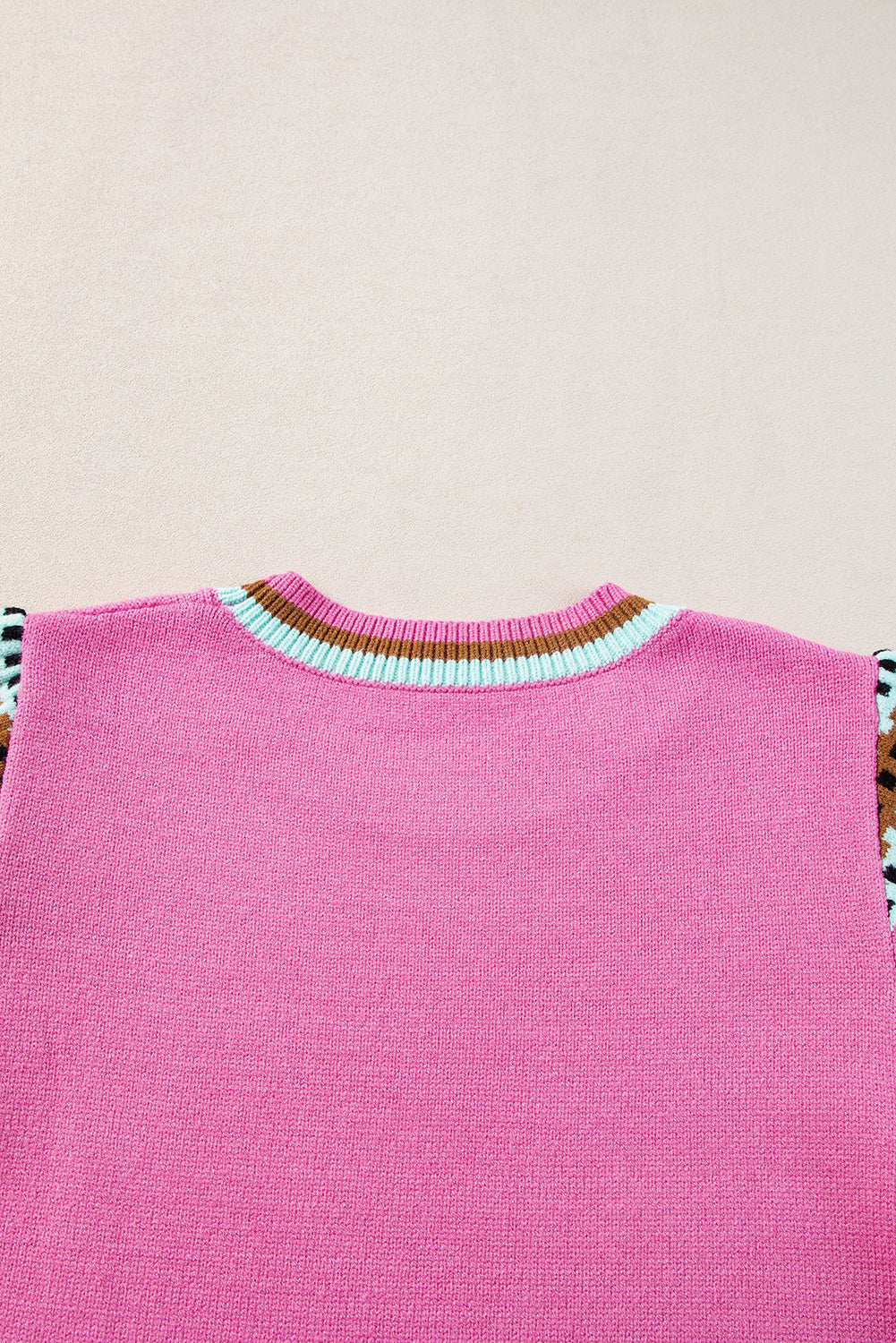 Bright Pink Contrast Printed Cap Sleeves Crewneck Sweater