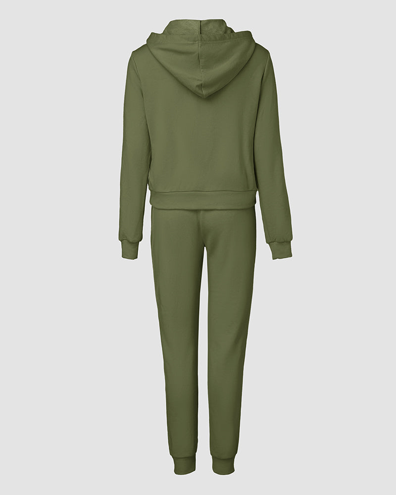 Drawstring Hooded Sweatshirt & Pocket Design Cuffed Sweatpants Set