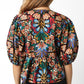 Black Tropical Print Bubble Sleeve Knot Front Blouse