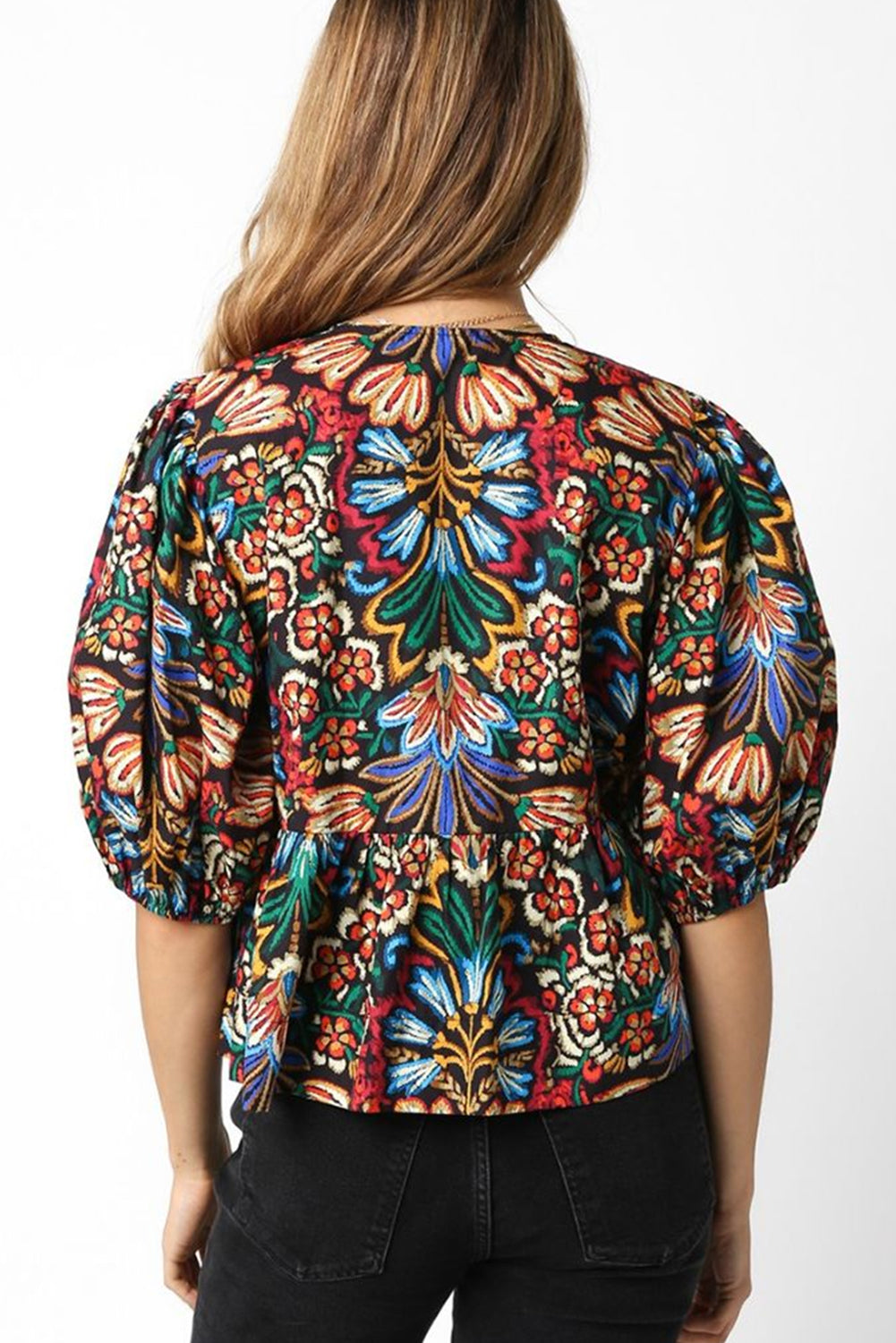 Black Tropical Print Bubble Sleeve Knot Front Blouse