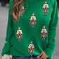 Green Sequin Nutcracker Patched Pattern Raglan Sleeve Christmas Sweatshirt