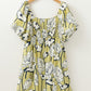 Green Plus Size Floral Print Shirred Square Neck Puff Sleeve Dress