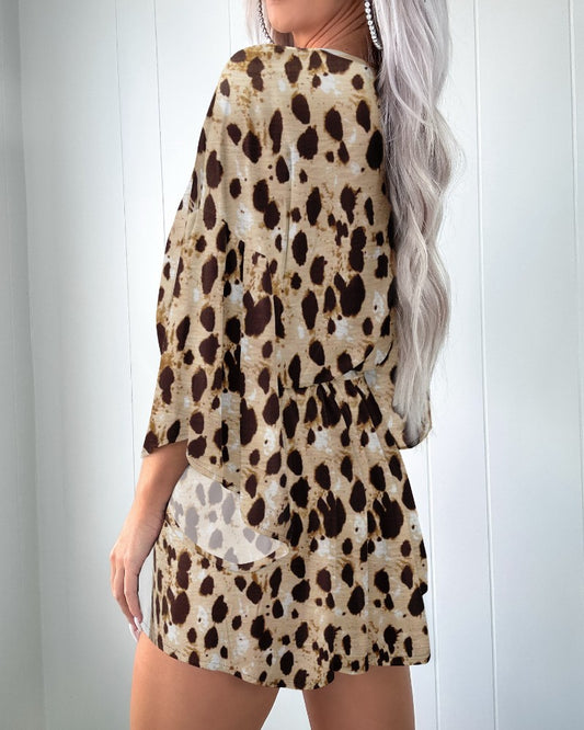 Leopard Print V Neck Bell Sleeve Rompers Strechy Waist Lace Up Jumpsuits