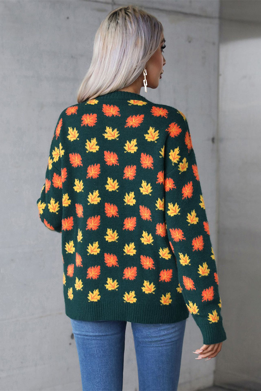 Blackish Green Fall Leaves Pattern Crew Neck Sweater