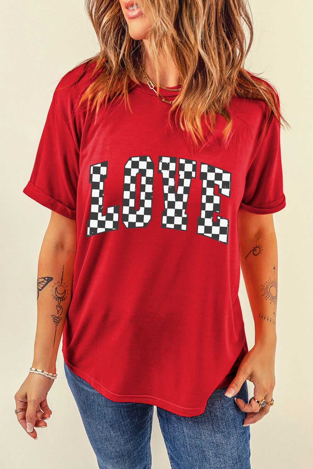 Red Checkered LOVE Letter Graphic Valentines T Shirt