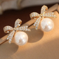 Gold Rhinestone Bowknot Pearl Earrings