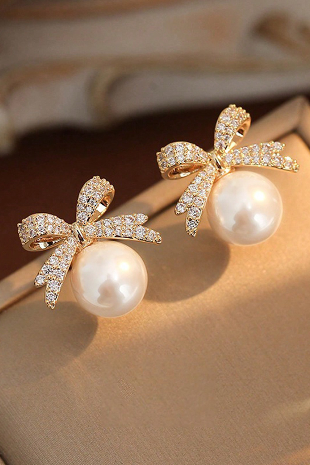 Gold Rhinestone Bowknot Pearl Earrings