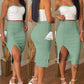 2 Pieces Colorblock Bandeau Strapless Top and Side Slit Slim Fit Skirt Set