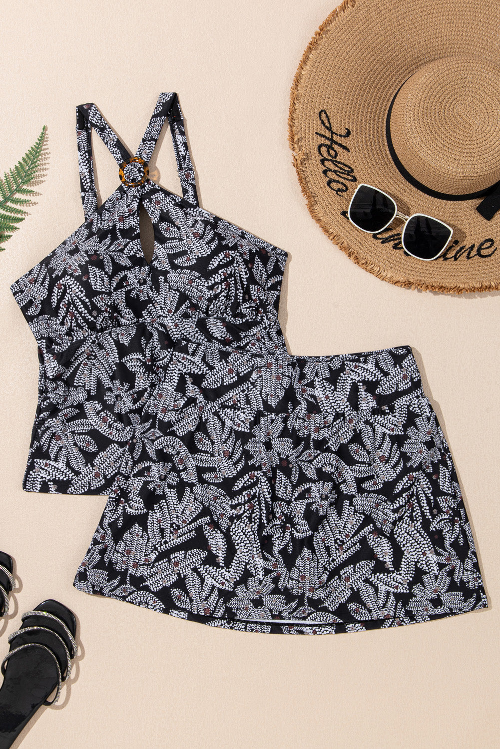 Black Abstract Printed Buckle Crossed Straps Skirted Tankini 2pcs Swimsuit