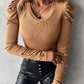 Puff Sleeve Button Decor Ribbed Top