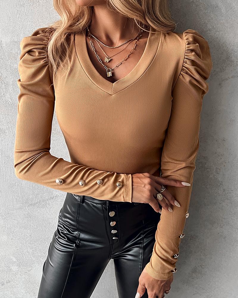 Puff Sleeve Button Decor Ribbed Top