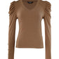 Puff Sleeve Button Decor Ribbed Top