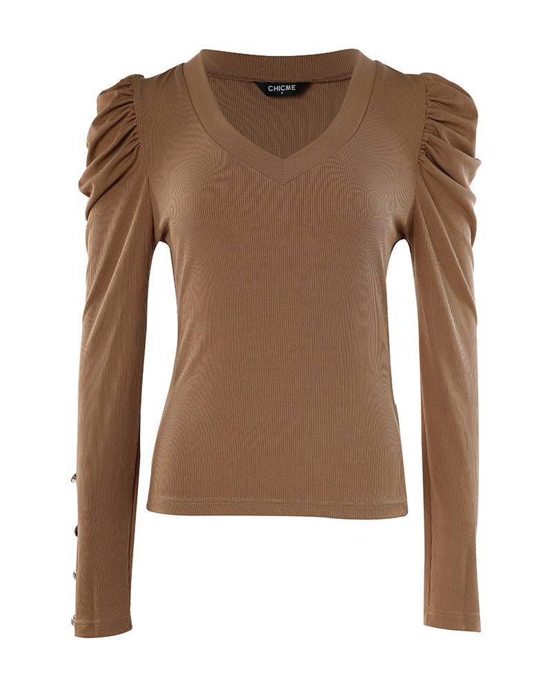 Puff Sleeve Button Decor Ribbed Top