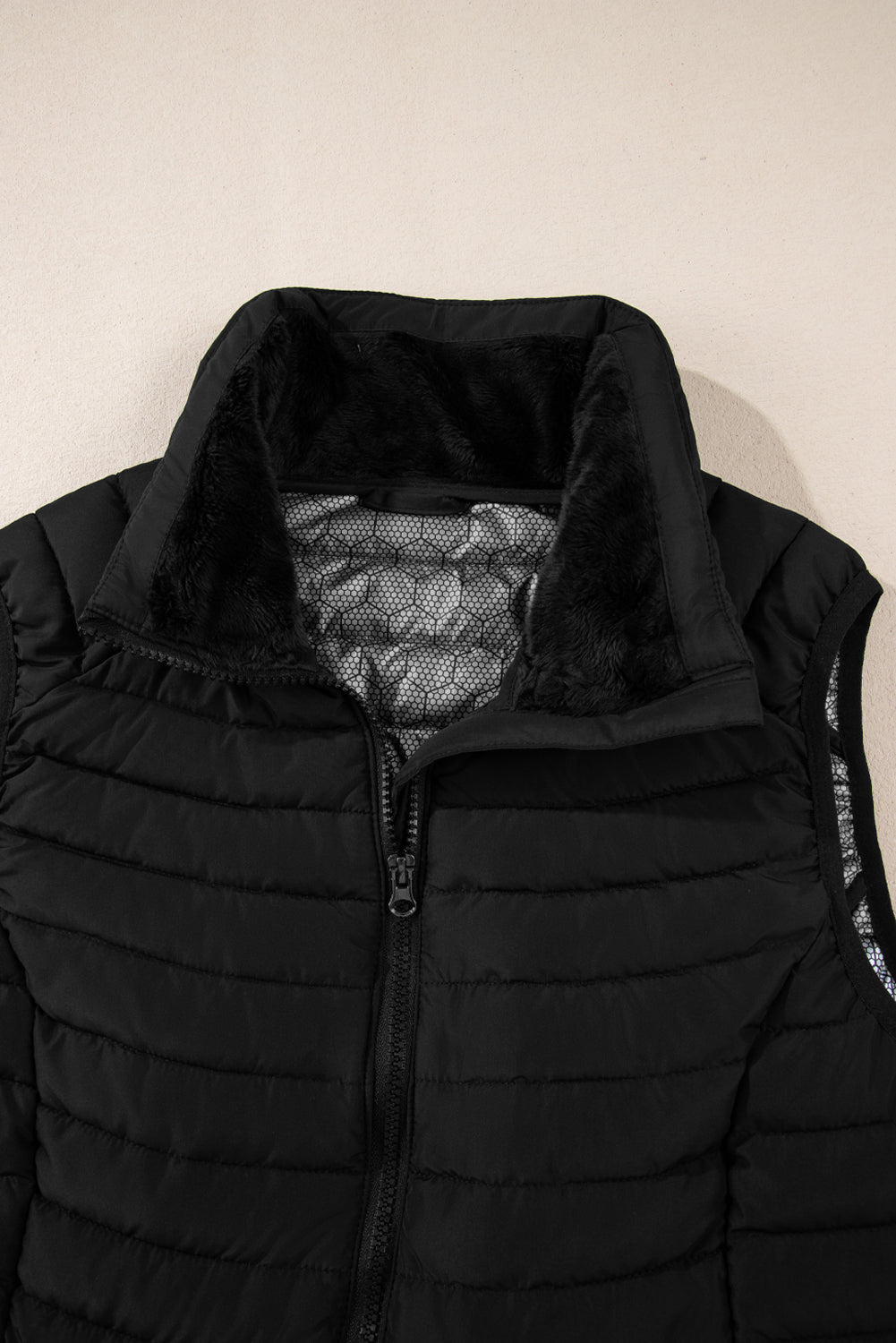 Black Plush Collared Quilted Zipped Puffer Vest