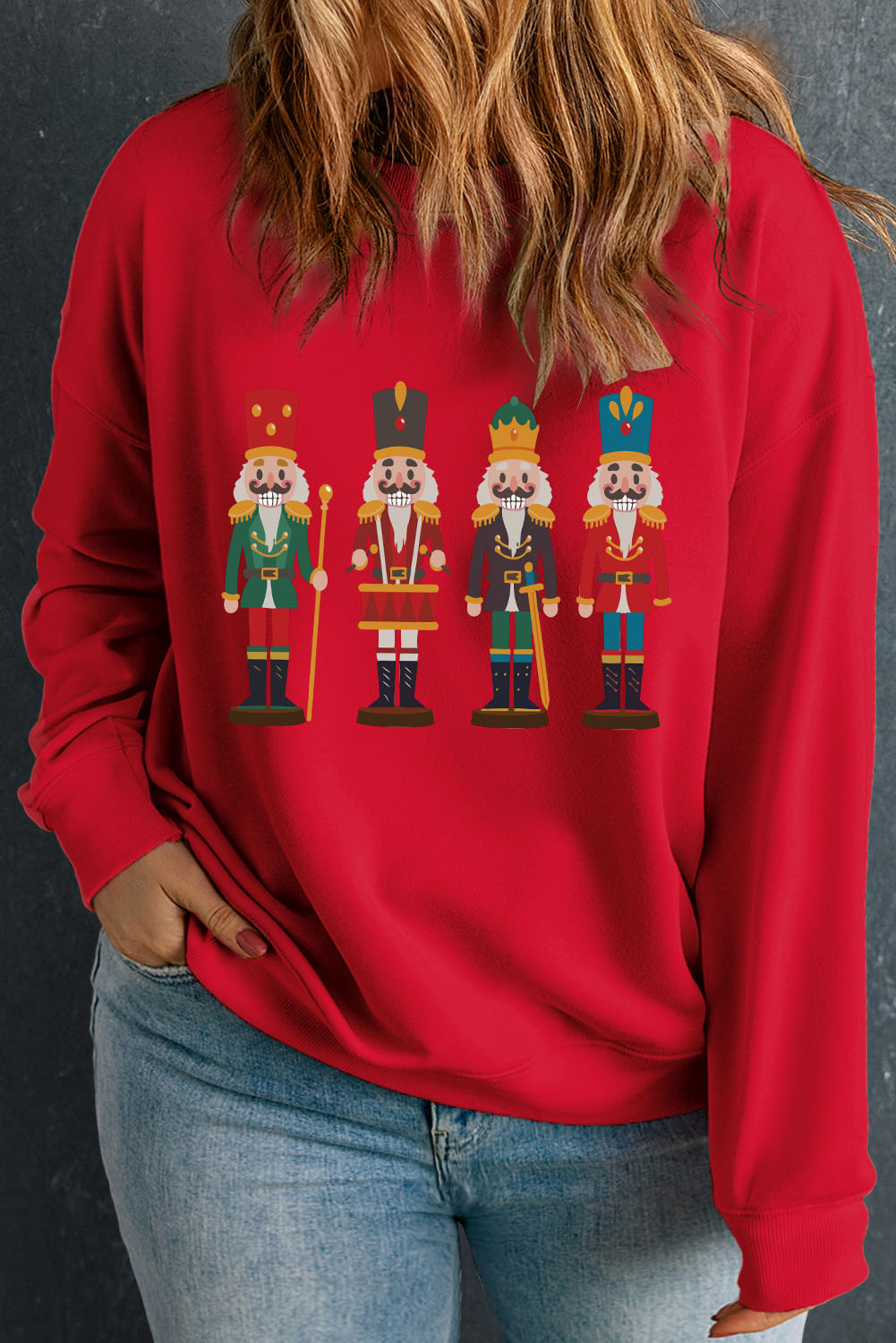 Racing Red Christmas Fashion Nutcracker Doll Print Plus Size Sweatshirt