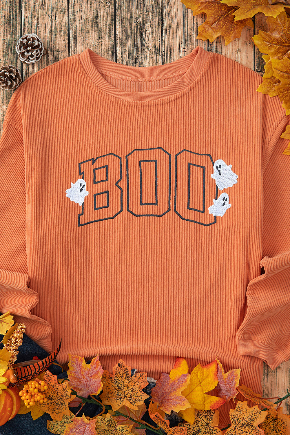 Orange Embroidered BOO Ghost Corded Halloween Sweatshirt