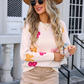 White Valentine Bow Print Crew Neck Drop Shoulder Sweater