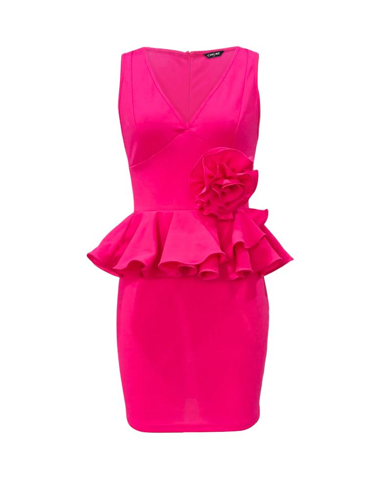 Rose Detail Ruffle Hem V Neck Bodycon Dress