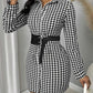 Houndstooth Print Long Sleeve Turn down Collar Bodycon Dress Button Front Mini Dress