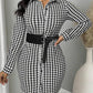 Houndstooth Print Long Sleeve Turn down Collar Bodycon Dress Button Front Mini Dress