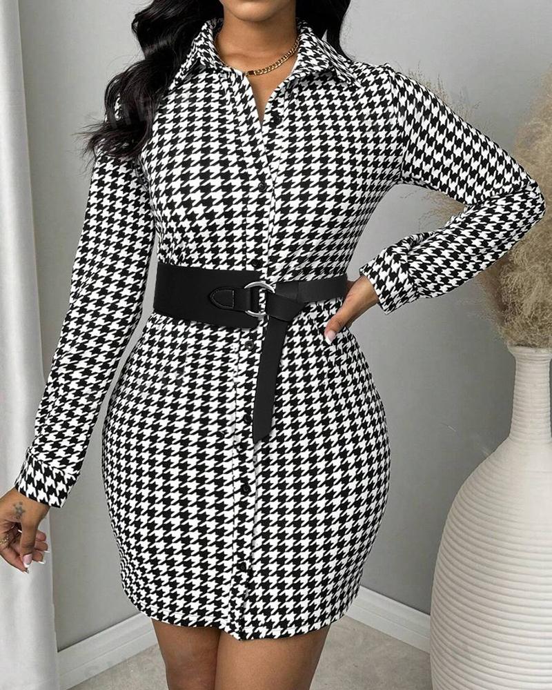 Houndstooth Print Long Sleeve Turn down Collar Bodycon Dress Button Front Mini Dress