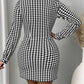 Houndstooth Print Long Sleeve Turn down Collar Bodycon Dress Button Front Mini Dress