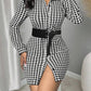 Houndstooth Print Long Sleeve Turn down Collar Bodycon Dress Button Front Mini Dress