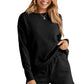 Black Textured Long Sleeve Top and Drawstring Shorts Set