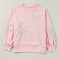 Light Pink Bow Thread Embroidery Ribbed Edge Sweatshirt