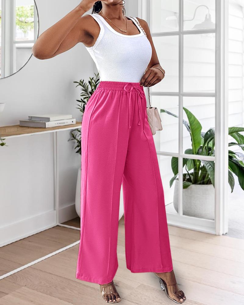 High Waist Drawstring Tied Detail Wide Leg Pants Casual Pants