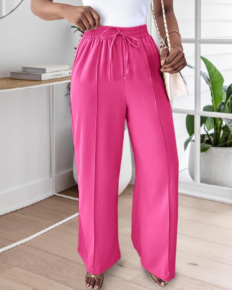 High Waist Drawstring Tied Detail Wide Leg Pants Casual Pants