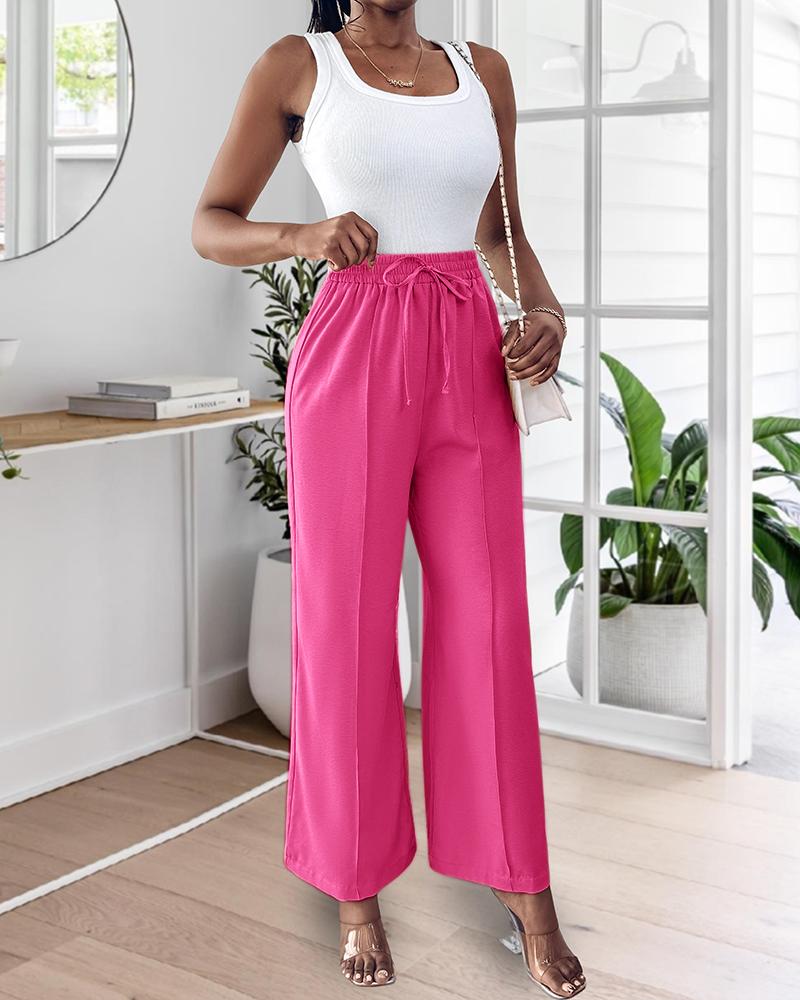 High Waist Drawstring Tied Detail Wide Leg Pants Casual Pants