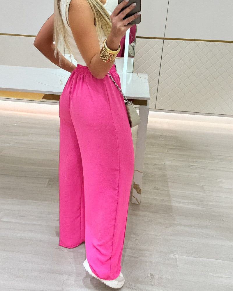 High Waist Drawstring Tied Detail Wide Leg Pants Casual Pants