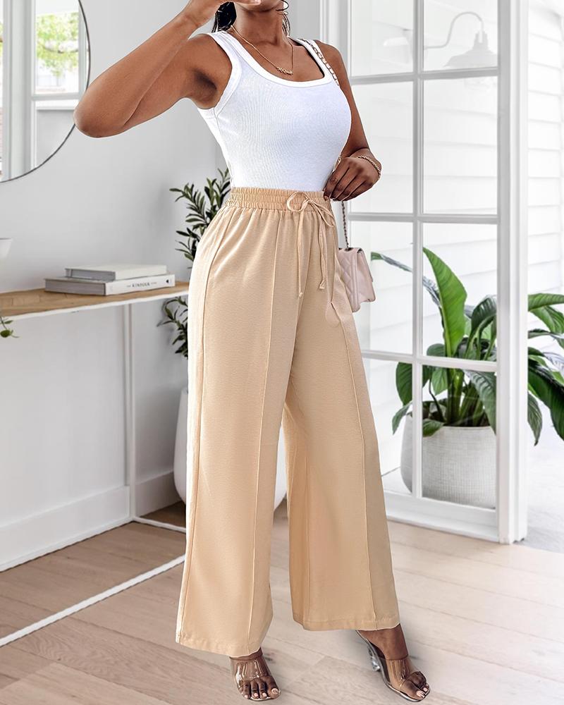 High Waist Drawstring Tied Detail Wide Leg Pants Casual Pants