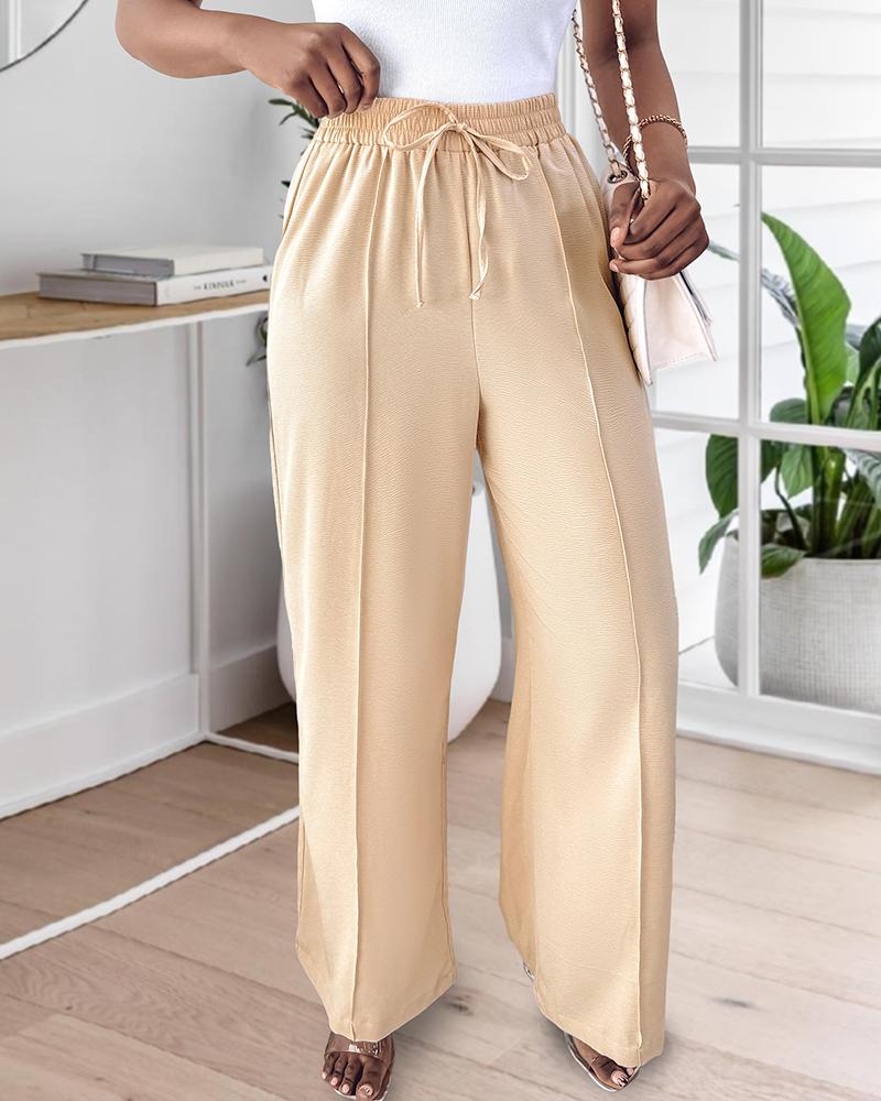 High Waist Drawstring Tied Detail Wide Leg Pants Casual Pants