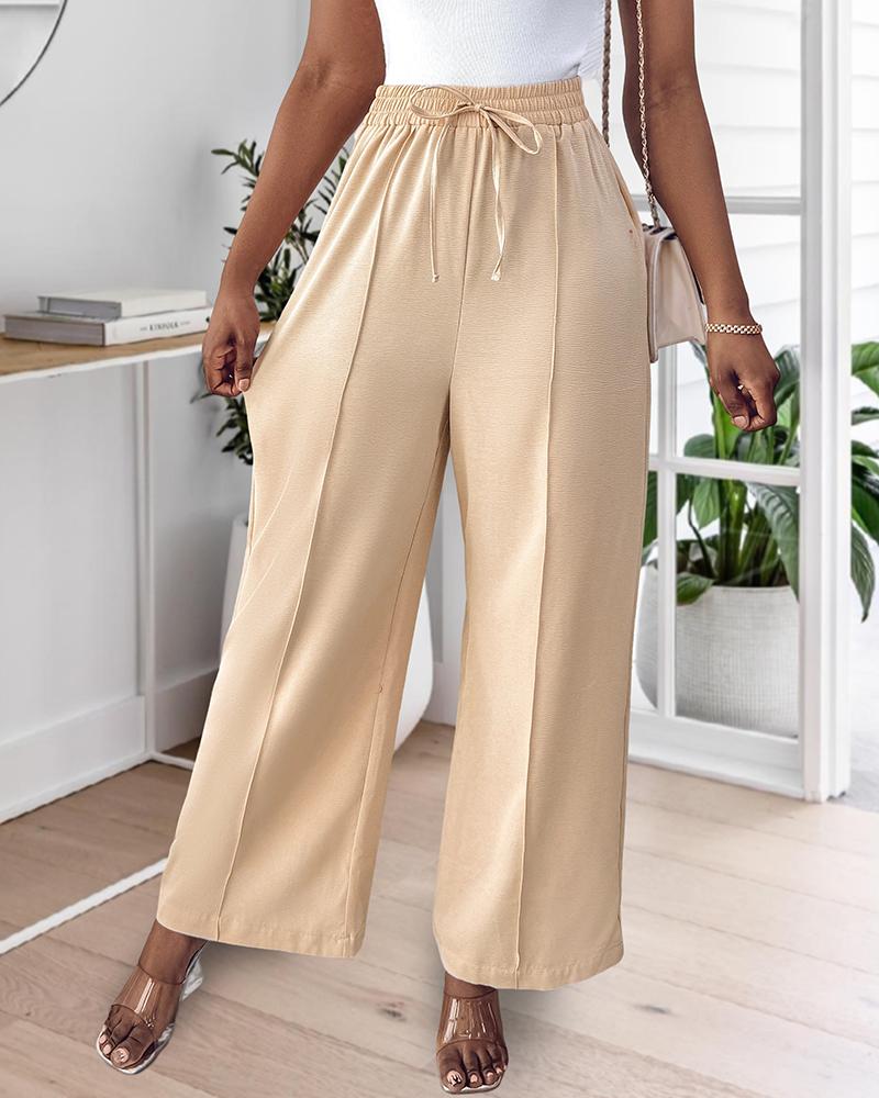 High Waist Drawstring Tied Detail Wide Leg Pants Casual Pants