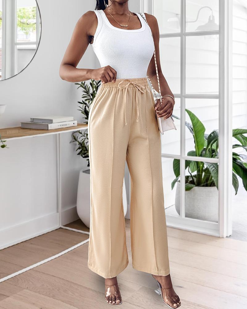 High Waist Drawstring Tied Detail Wide Leg Pants Casual Pants