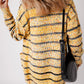 Beige Striped Pom Pom Knit Open Front Long Cardigan